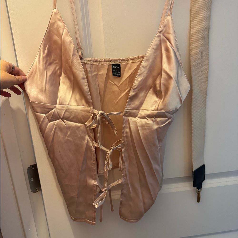 SHEIN Pink Satin Tie-Front Corset Top